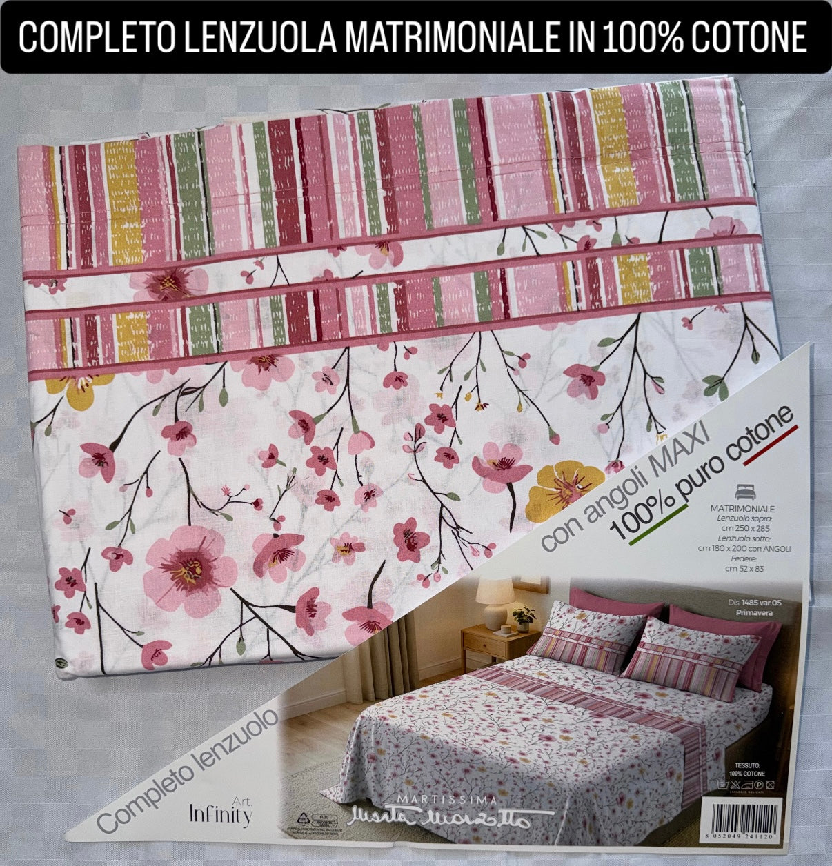 COMPLETO LENZUOLA MATRIMONIALE IN 100% COTONE , contiene Lenzuolo sopra, Lenzuolo sotto con angoli e due Federe