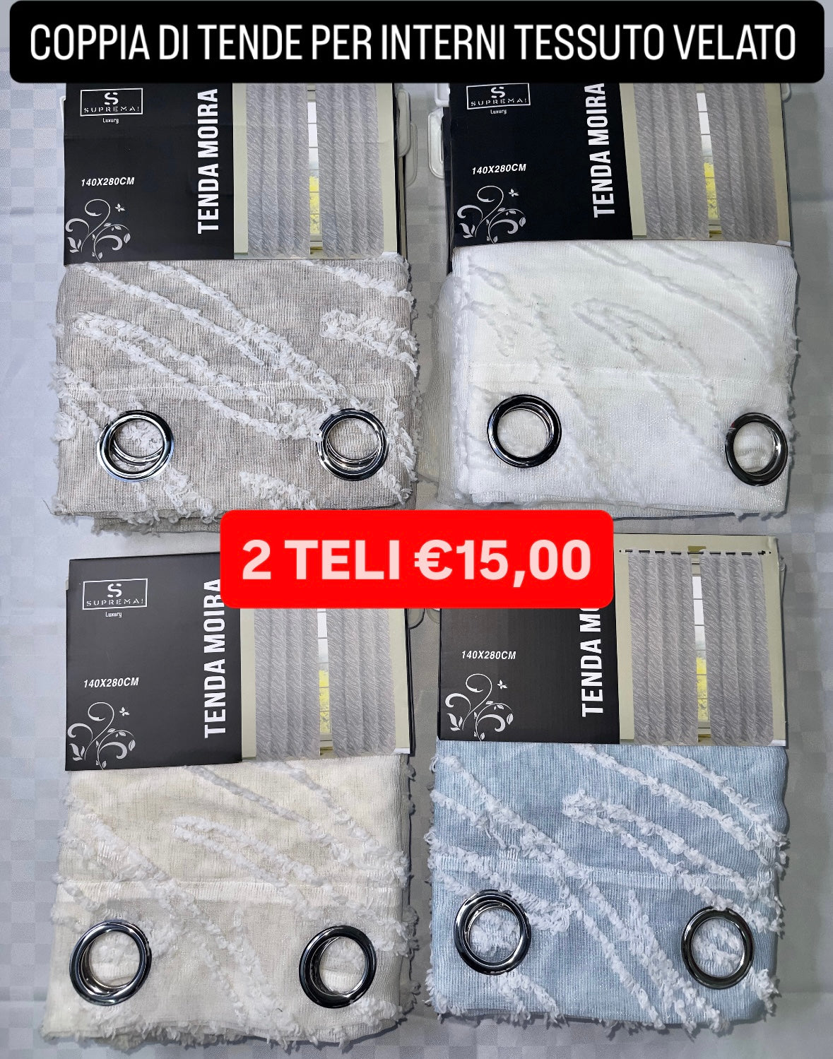 COPPIA DI TENDE PER INTERNI VELATE CONFEZIONE DA 2 TELI (OGNI TELO MISURA 140x280cm)art. Moira