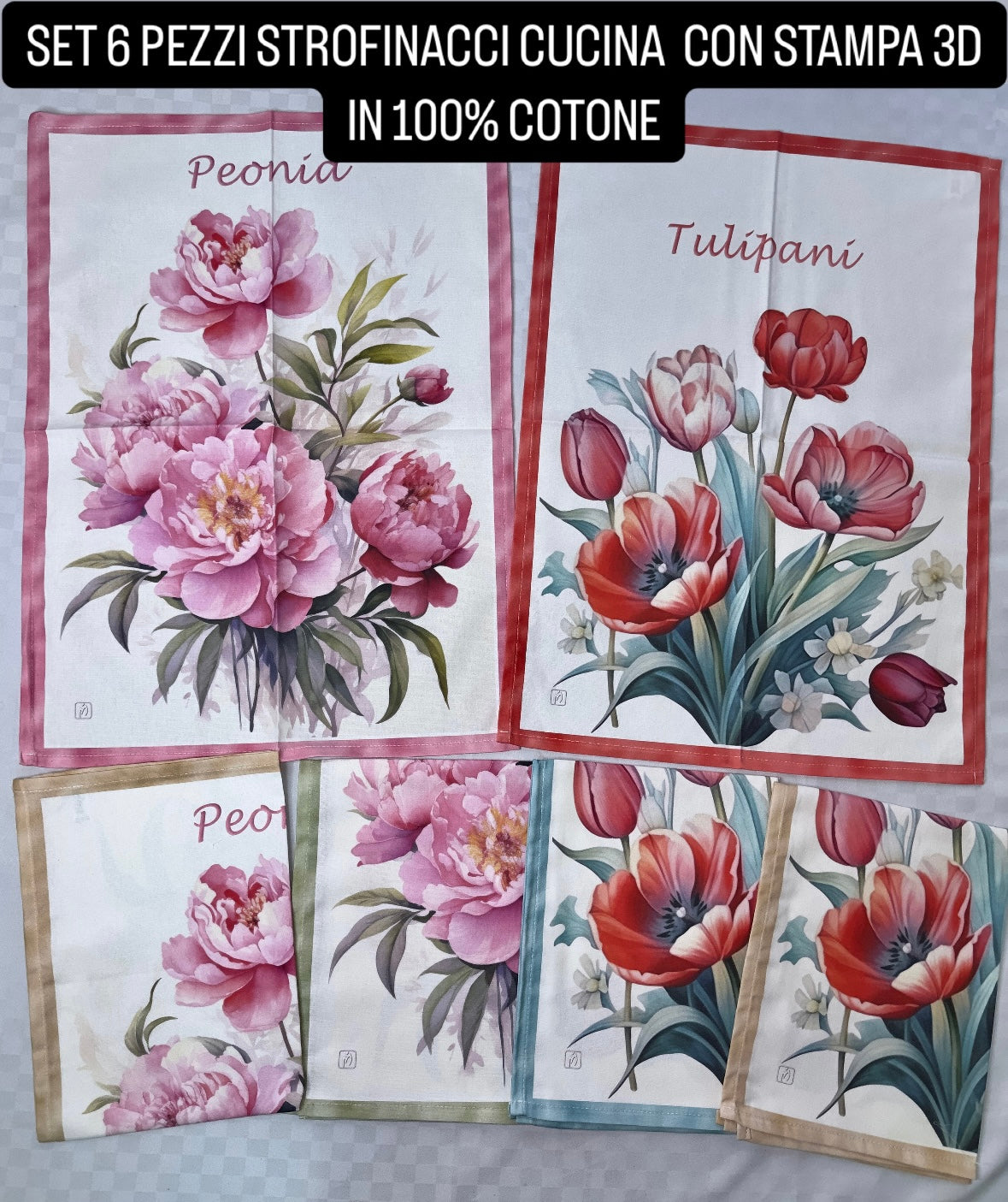 STROFINACCI CUCINA IN STAMPA 3D SET DA 6 PEZZI IN 100% COTONE