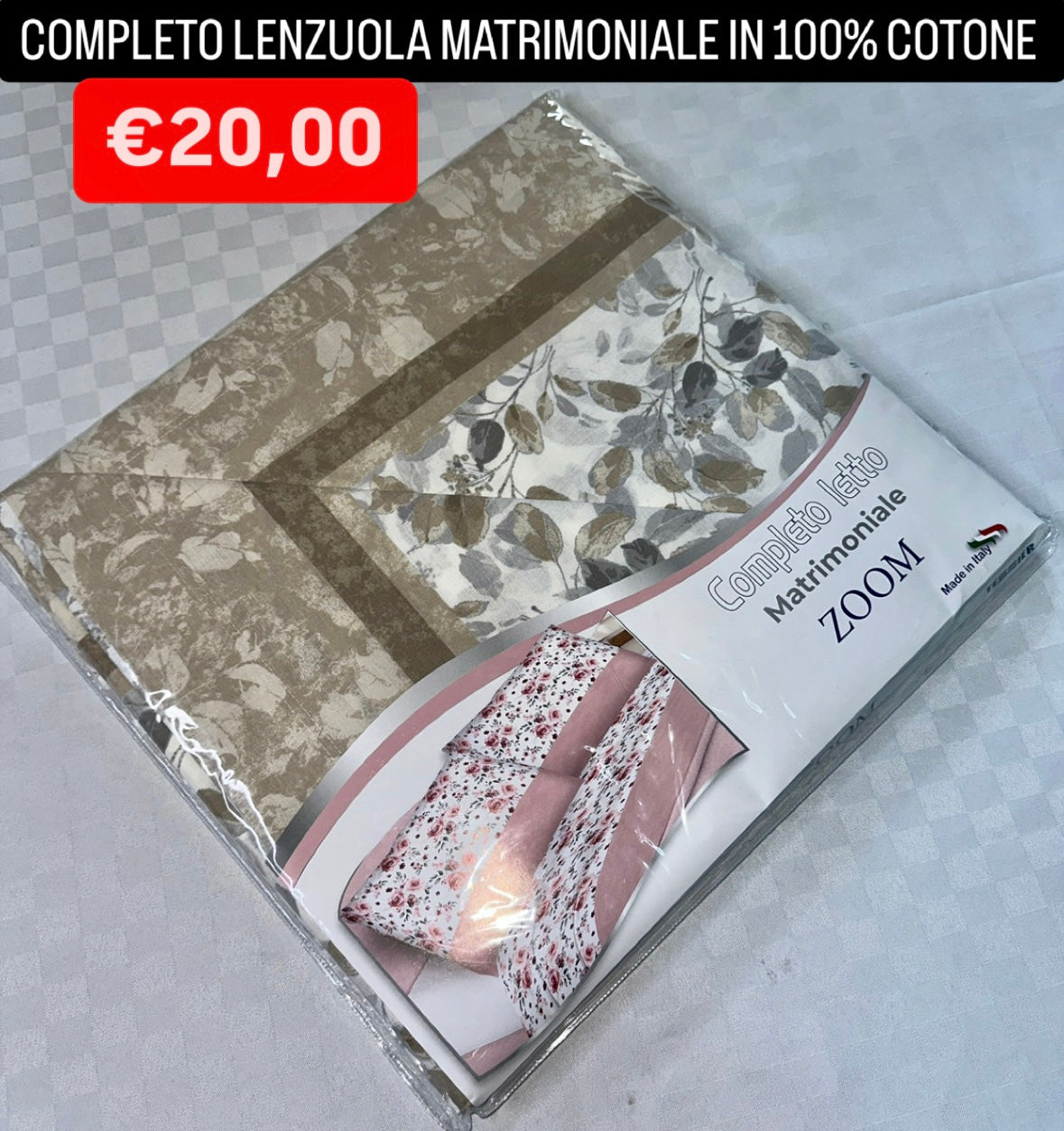 COMPLETO LENZUOLA MATRIMONIALE IN 100% COTONE Lenzuolo sopra, Lenzuolo sotto con angoli e due Federe