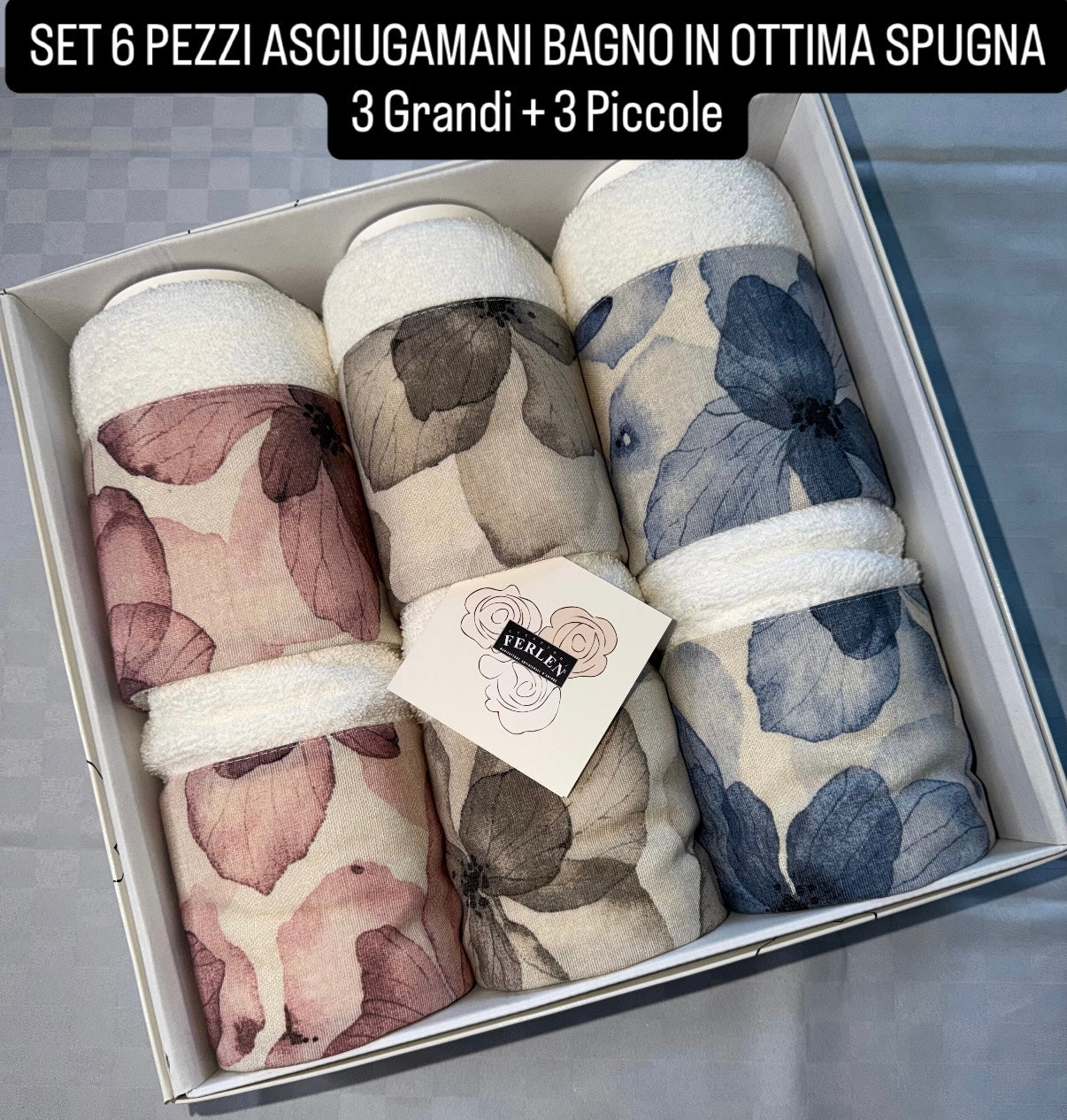 SET 6 PEZZI ASCIUGAMANO BAGNO IN SPUGNA contiene 3 Grandi Viso+3 Piccole Ospite