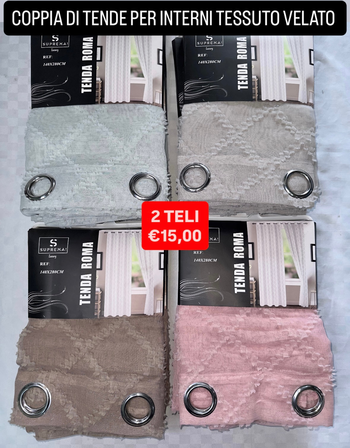 COPPIA DI TENDE PER INTERNI VELATE CONFEZIONE DA 2 TELI (OGNI TELO MISURA 140x280cm)art Roma