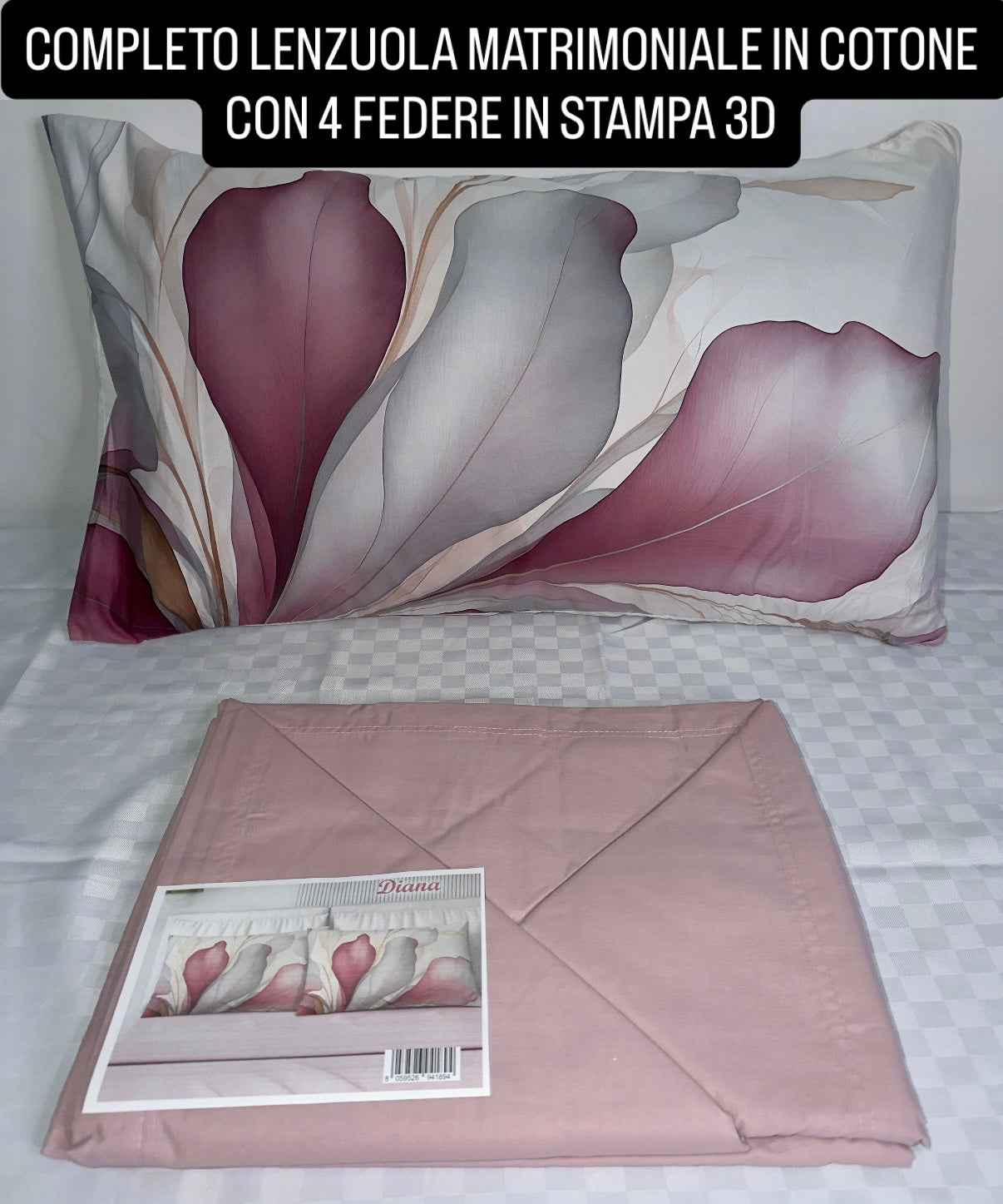 COMPLETO LENZUOLA MATRIMONIALE IN COTONE, LENZUOLO SOPRA, LENZUOLO SOTTO E 4 FEDERE IN STAMPA 3D