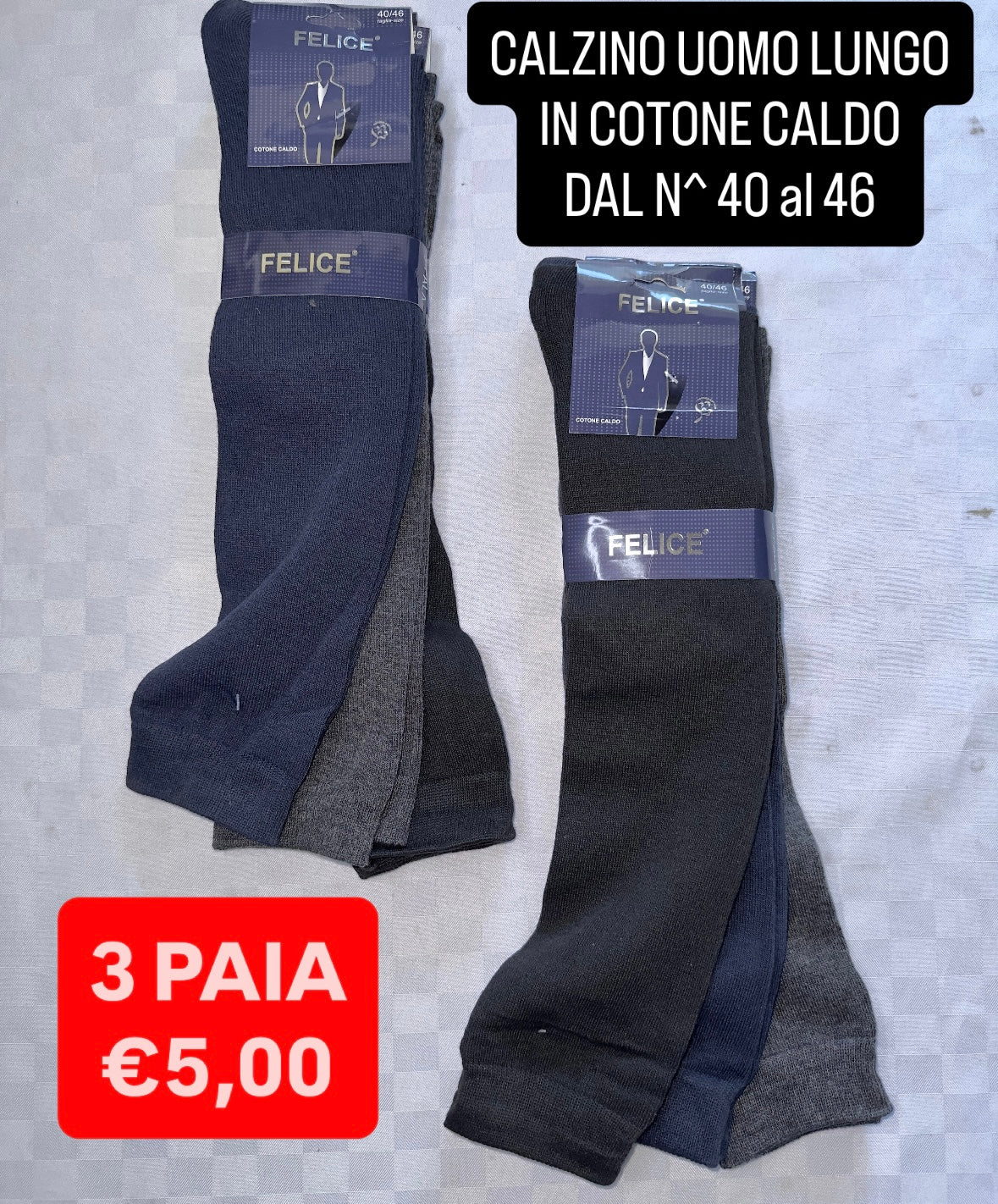 CALZINO UOMO LUNGO IN COTONE CALDO DAL NUMERO 40 al 46 SET DA 3 PAIA