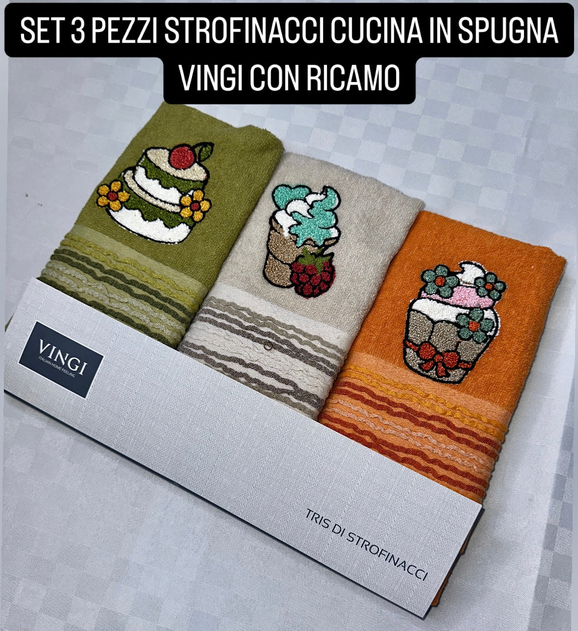 SET 3 PEZZI STROFINACCI CUCINA IN SPUGNA VINGI CON RICAMO