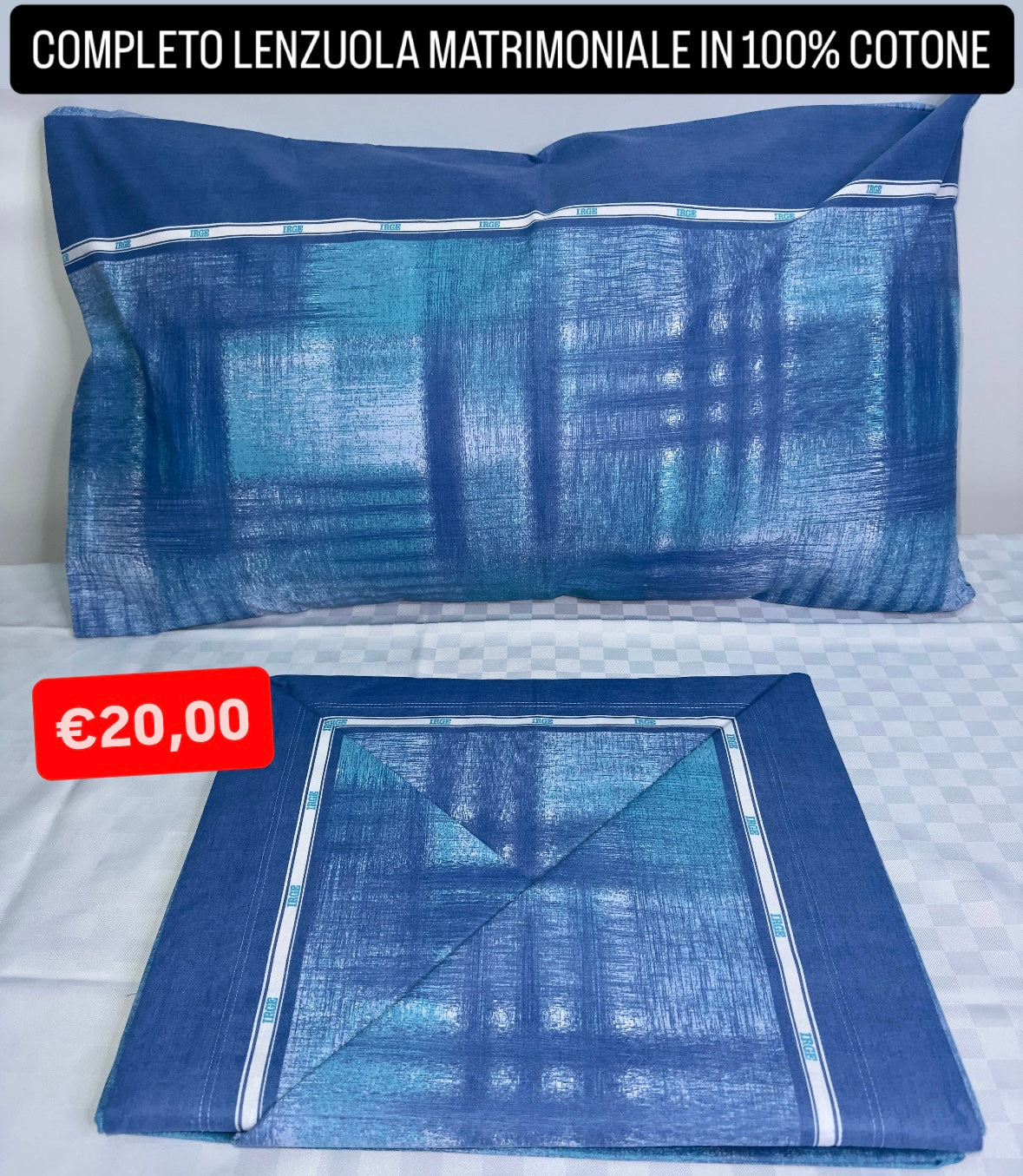 COMPLETO LENZUOLA MATRIMONIALE IN 100% COTONE Lenzuolo sopra, Lenzuolo sotto con angoli e due Federe