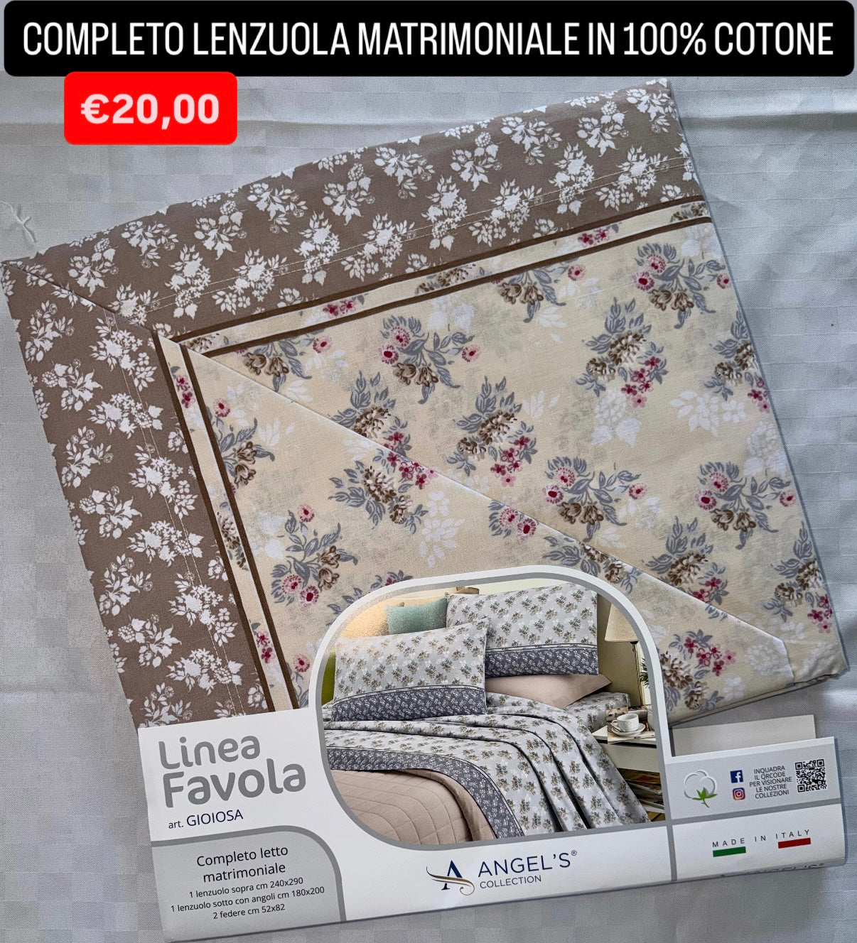 COMPLETO LENZUOLA MATRIMONIALE IN 100% COTONE , contiene Lenzuolo sopra, Lenzuolo sotto con angoli e due Federe