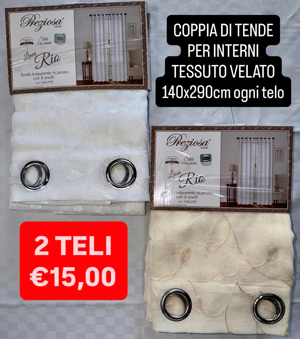 COPPIA DI TENDE PER INTERNI VELATE CONFEZIONE DA 2 TELI (OGNI TELO MISURA 140x290cm) art. Rio