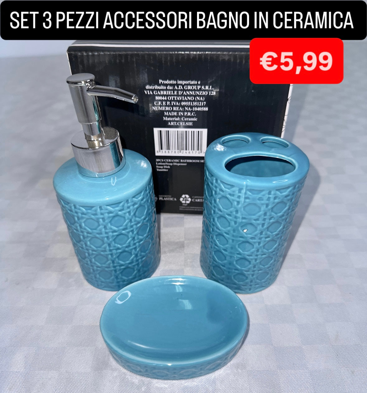 SET BAGNO IN CERAMICA 3 PEZZI: Dispenser Sapone, Porta saponetta e Porta Spazzolino