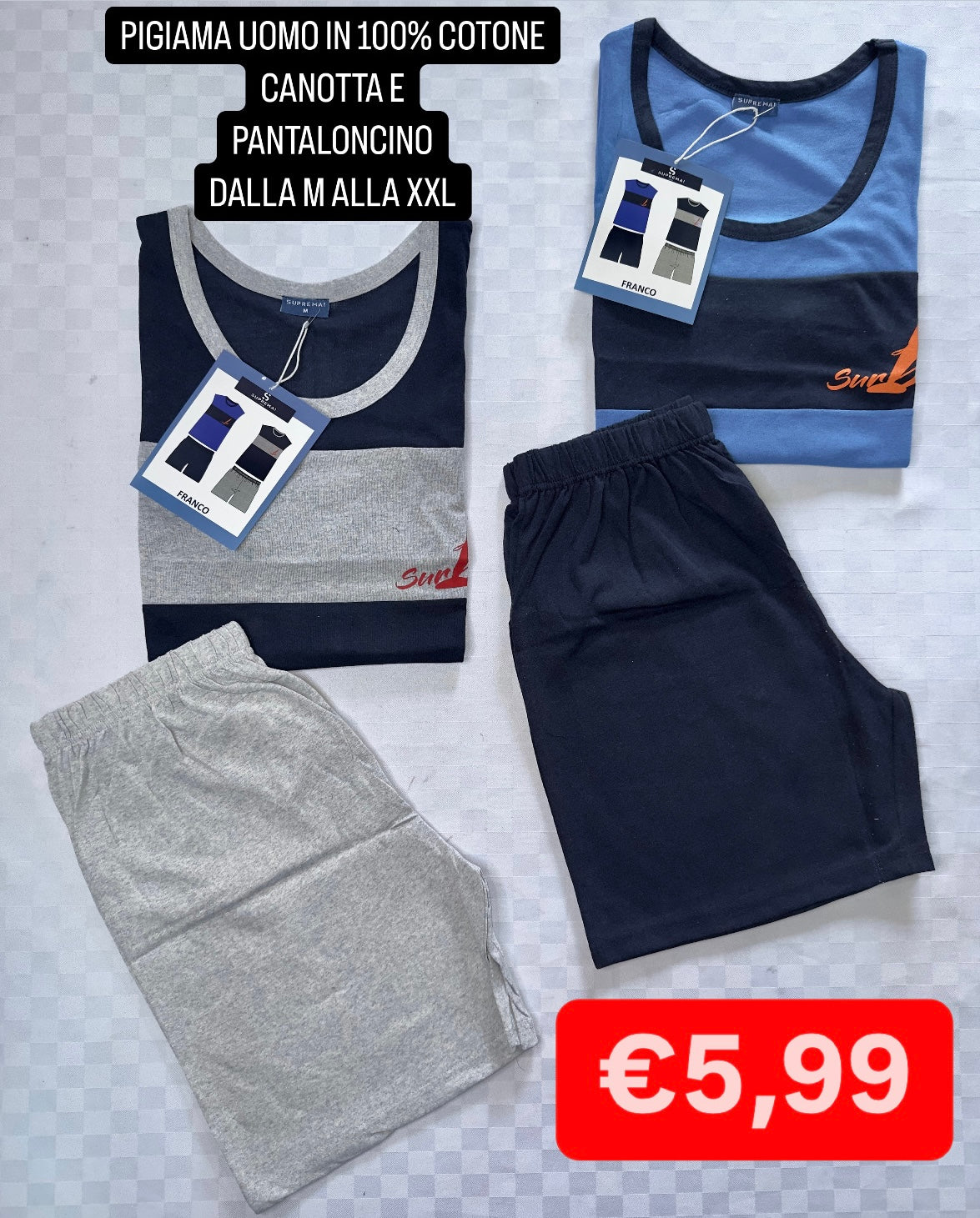 PIGIAMA UOMO IN 100% COTONE CANOTTA E PANTALONCINO