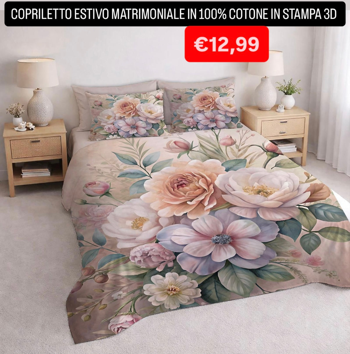 COPRILETTO ESTIVO MATRIMONIALE IN 100% COTONE CON STAMPA 3D misura 260x260cm