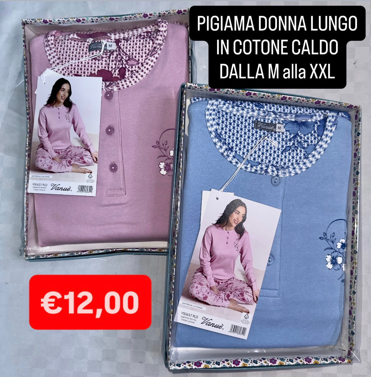 PIGIAMA DONNA IN COTONE CALDO MANICA LUNGA E PANTALONE LUNGO