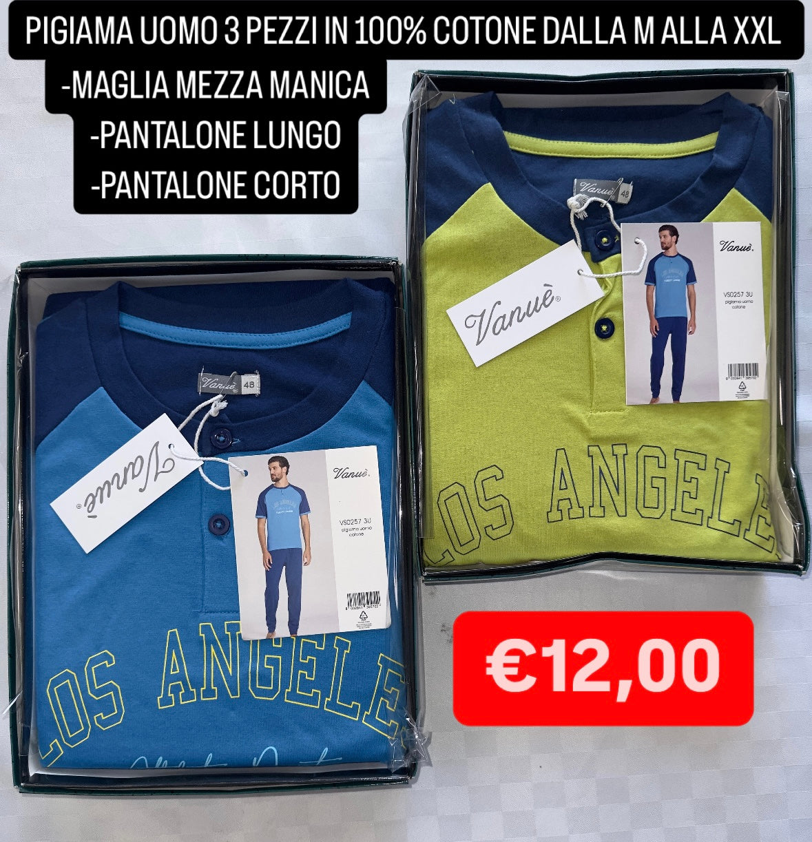 PIGIAMA UOMO 3 PEZZI IN 100% COTONE Maglia mezza manica, Pantalone lungo e Pantaloncino corto