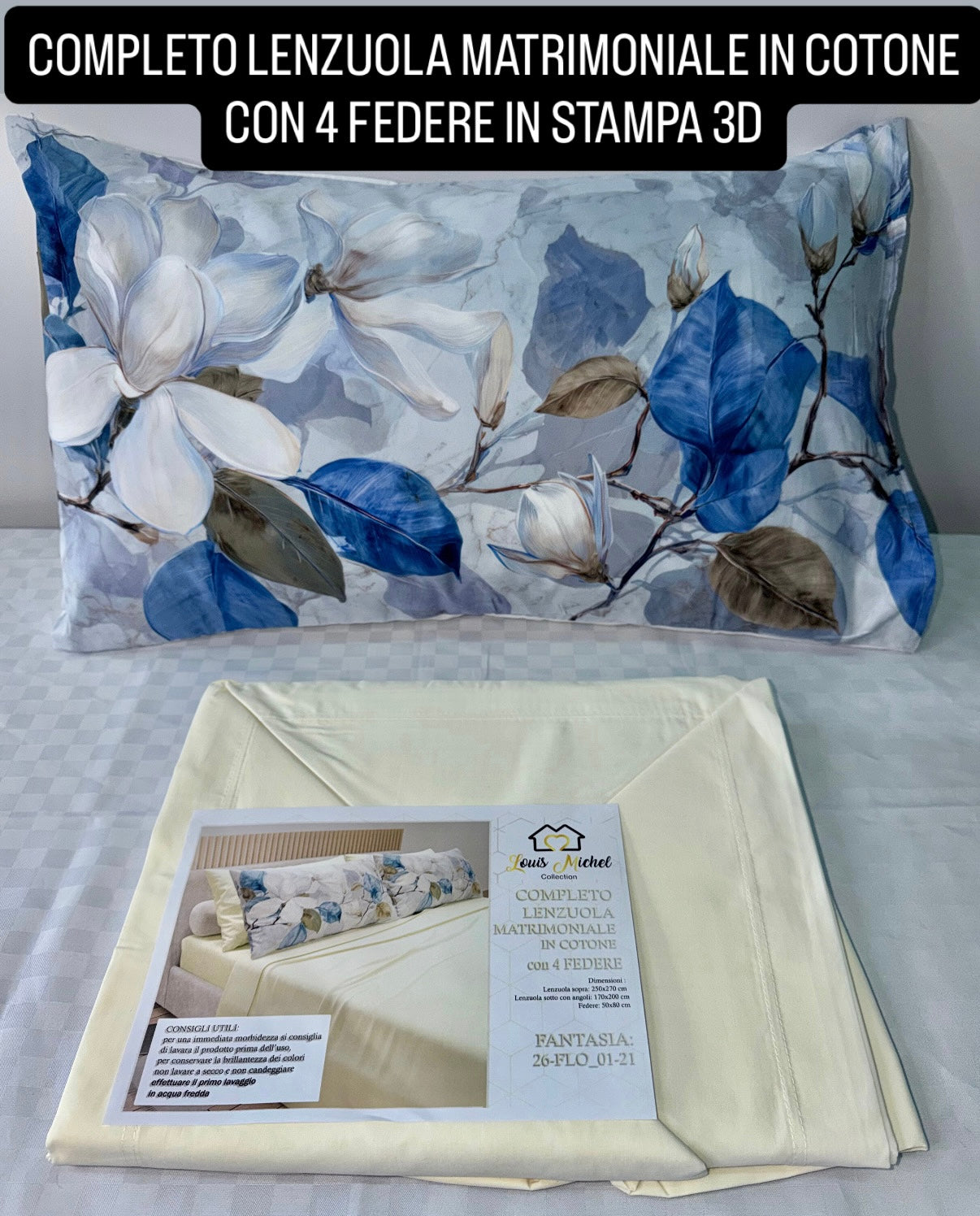 COMPLETO LENZUOLA MATRIMONIALE IN COTONE contiene LENZUOLO SOPRA, LENZUOLO SOTTO E 4 FEDERE IN STAMPA 3D