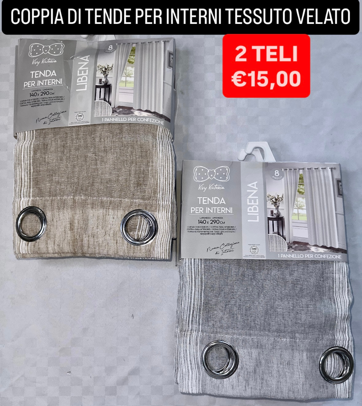 COPPIA DI TENDE PER INTERNI VELATE CONFEZIONE DA 2 TELI (OGNI TELO MISURA 140x290cm)art.  Libena