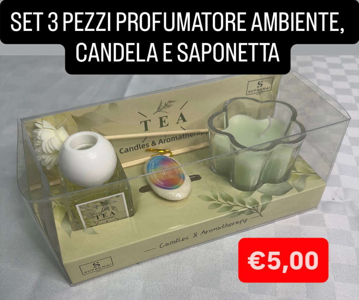 SET 3PEZZI  PROFUMATORE AMBIENTE,CANDELA E SAPONETTA