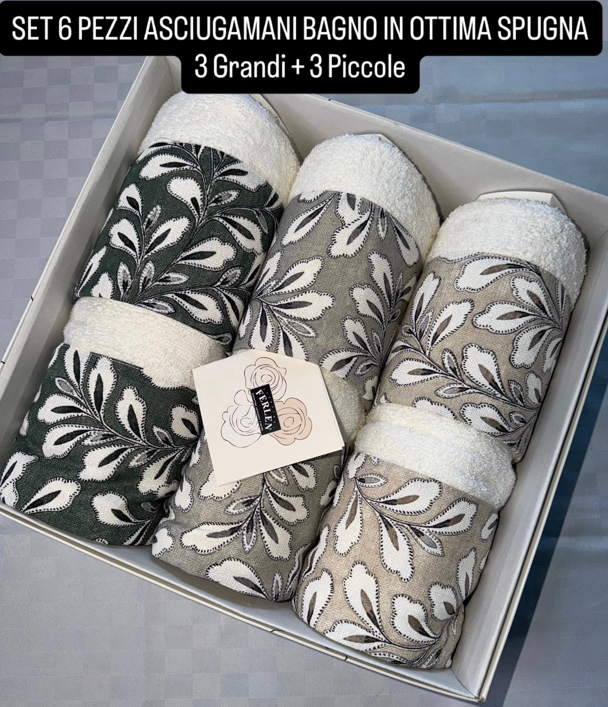 SET 6 PEZZI ASCIUGAMANO BAGNO IN SPUGNA contiene 3 Grandi Viso+3 Piccole Ospite